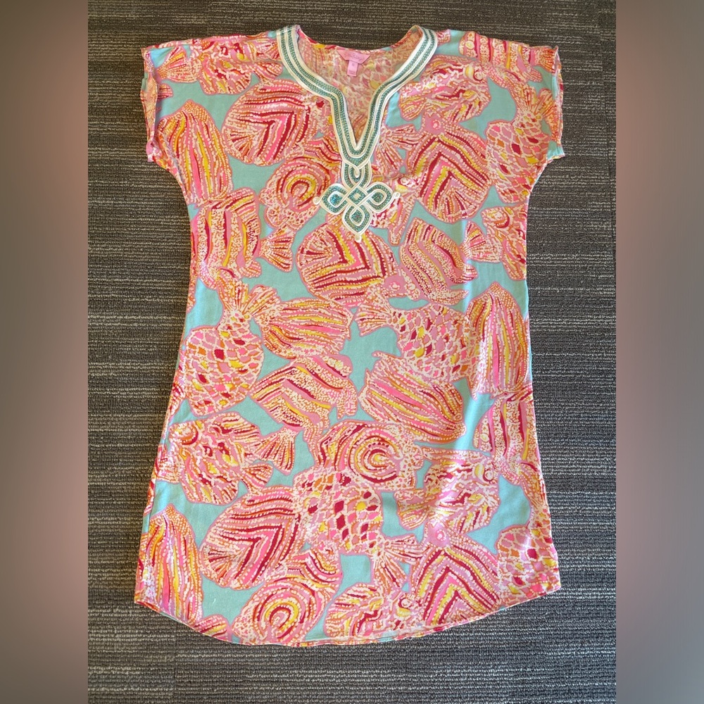 Lilly Pulitzer Beach Cover-Up Dress Coral and Teal Size X-Small